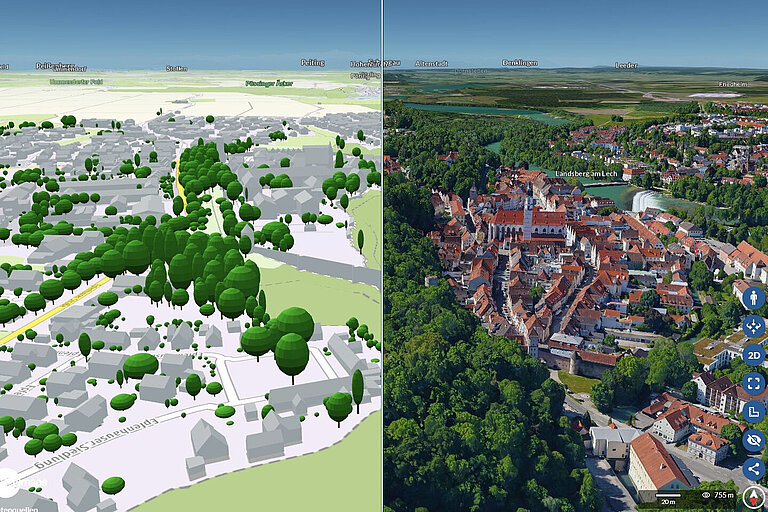 Ansicht des virtuellen 3D-Stadtmodells von Landsberg am Lech in der „TwinCity3D“-Plattform