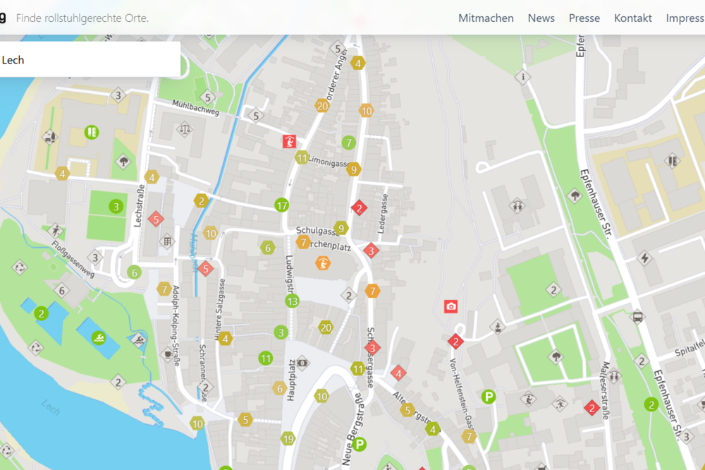 Kartenausschnitt von wheelmap.org: Landsberg am Lech, Pins markieren barrierefreie, teilweise barrierefreie und nicht barrierefreie Orte.