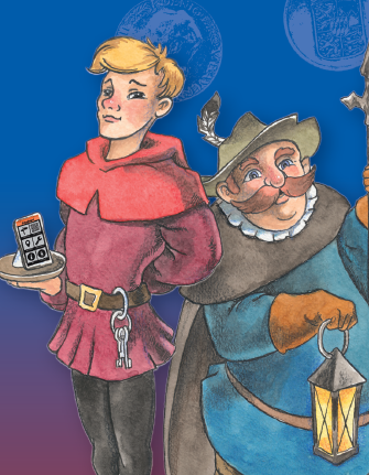 Zwei Männer in mittelalterlichem Gewand. Einer der Männer hält ein Tablet in der Hand mit einem Smartphone. 