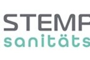 Logo des Sanitätshauses Stempfle: Ein türkises Rauten-Symbol mit stilisierten weißen Formen links, daneben der Schriftzug „STEMPFLE“ in Grau und darunter „sanitätshaus“ in Türkis.
